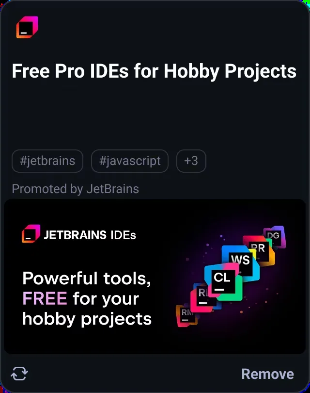 The JetBrains In-Feed card on daily.dev: logo, the headline "Free Pro IDEs for Hobby Projects", tags, "Promoted by JetBrains" and the 1024 × 512 image