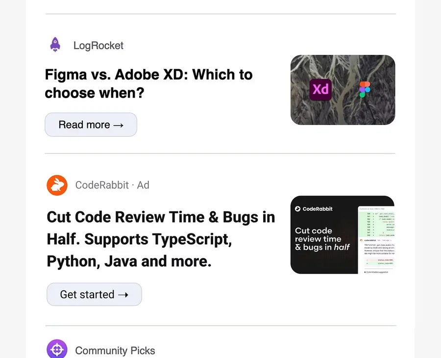 The CodeRabbit sponsorship inside the daily.dev newsletter: logo with an Ad label, the headline, a "Get started" button and the 680 × 512 image, between two community stories