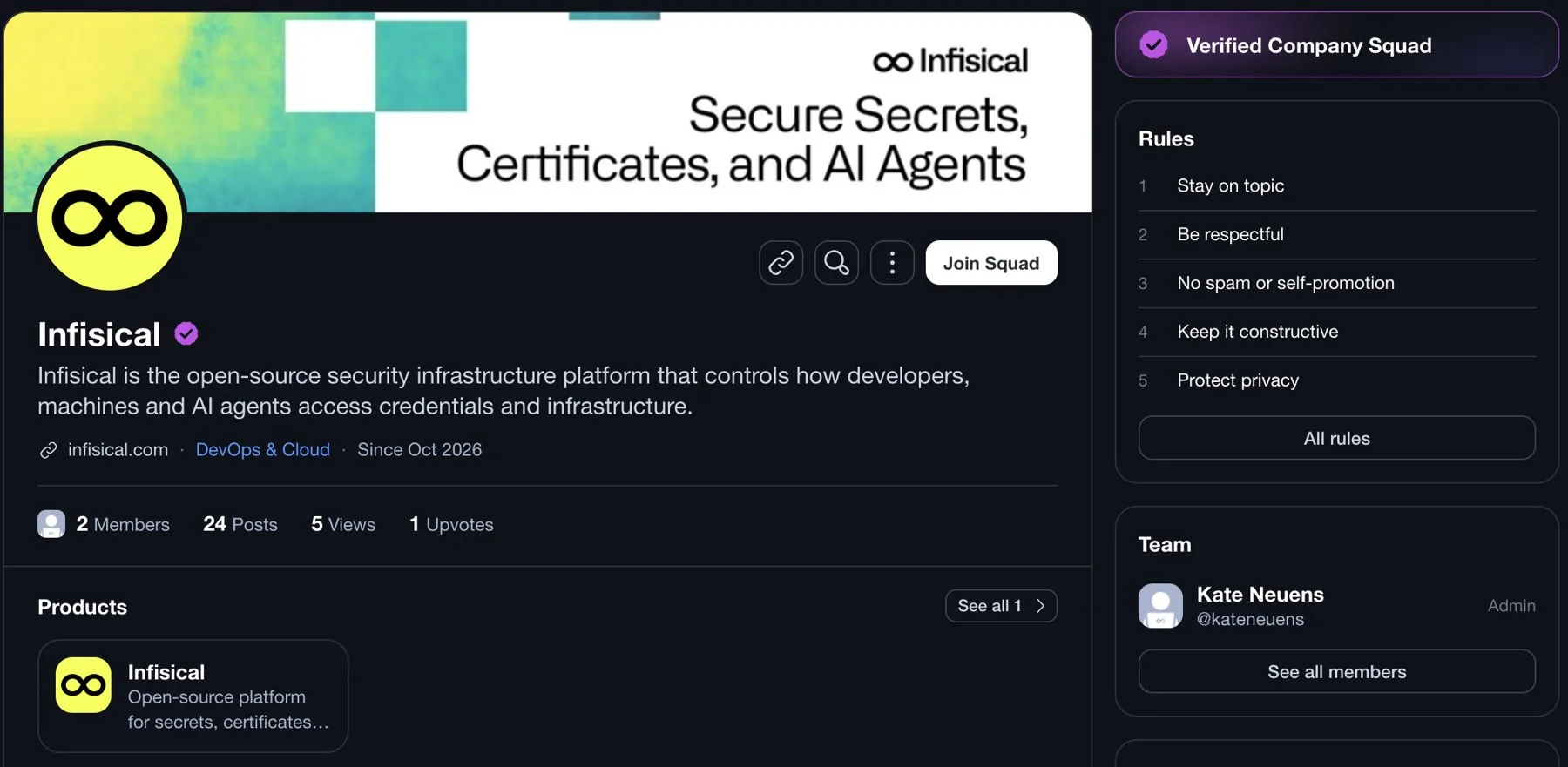 Infisical’s Verified Company Squad on daily.dev on desktop: the cover image across the top, the round avatar over its bottom-left corner, and the name with the verified badge below