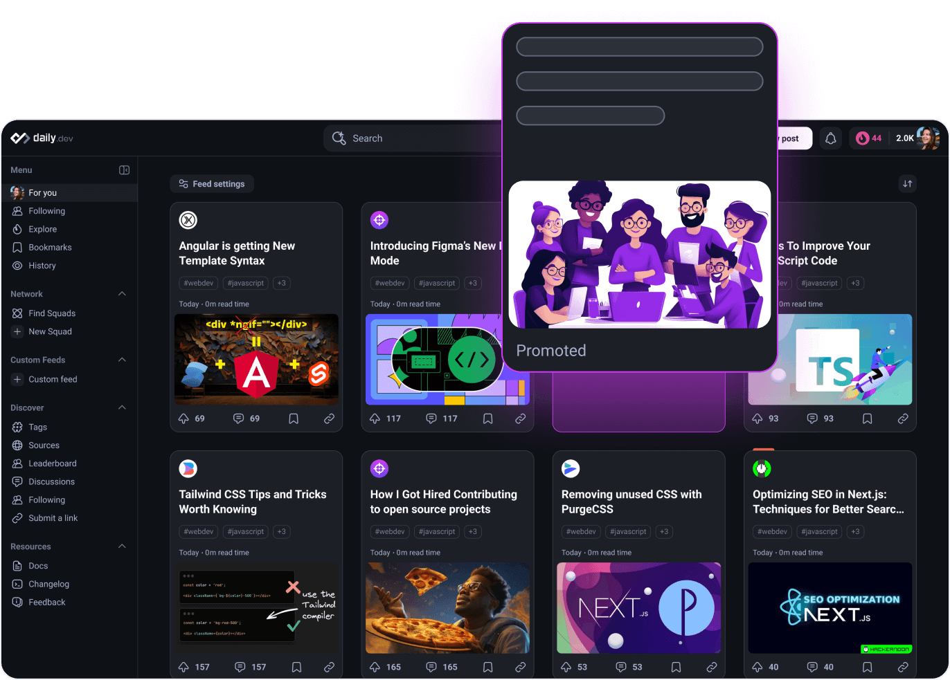 daily.dev feed showing native ad placements