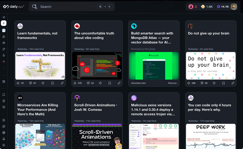 The daily.dev feed: developer posts ranked into a grid of cards, with a promoted post among them.