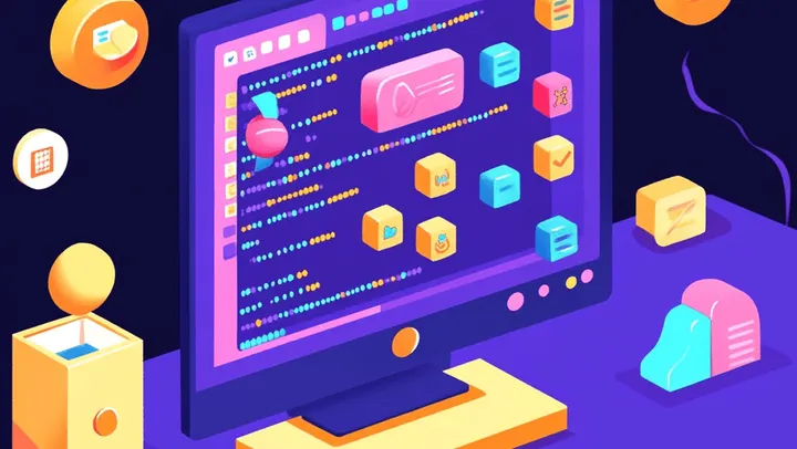 Illustration of a developer workspace with a code editor and floating app tiles.